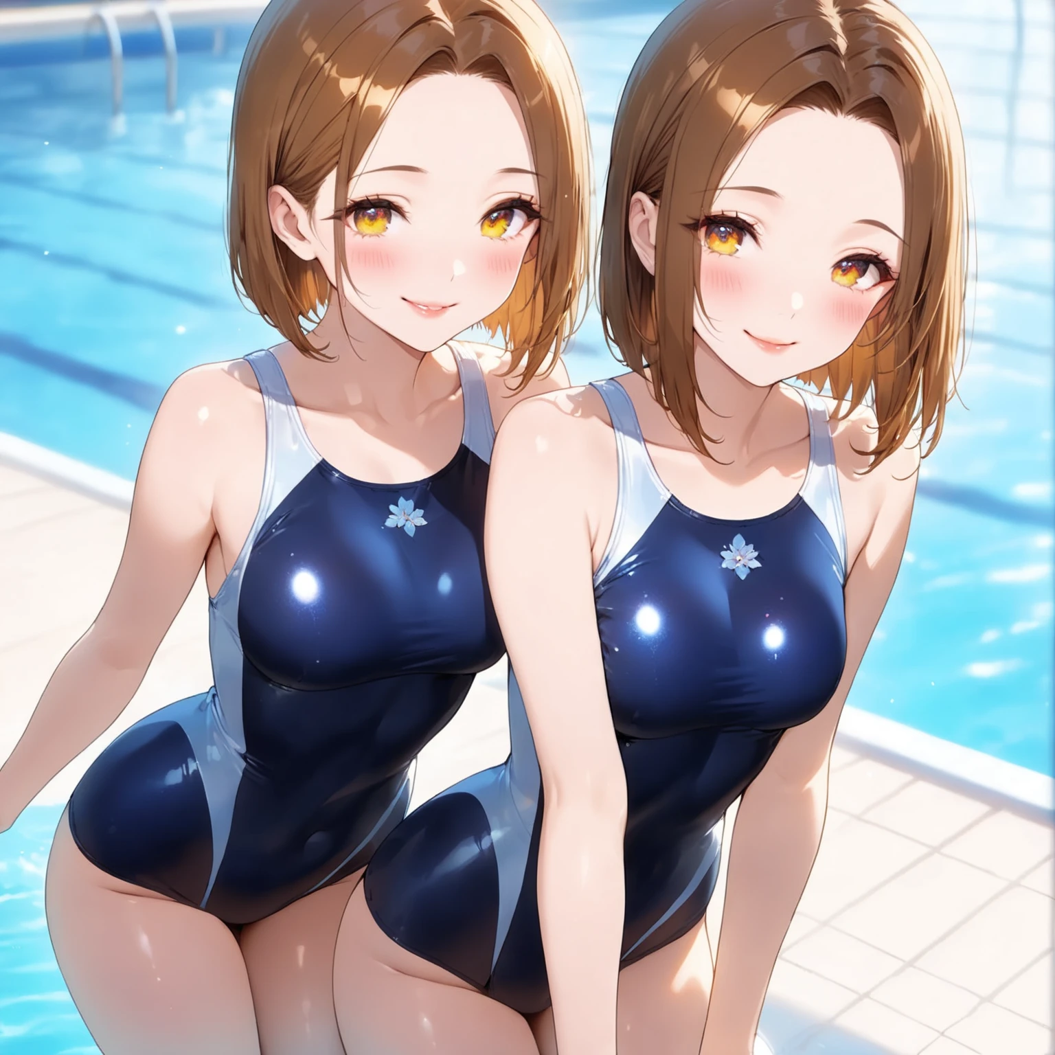masterpiece、highest quality、High resolution、Two realistic girls、Competitive swimmer、Close-up of a person、Wearing a black bodysuit、During Competitive swimmerics competitions、smile、Swimming Venues、sexy competitive swimwear