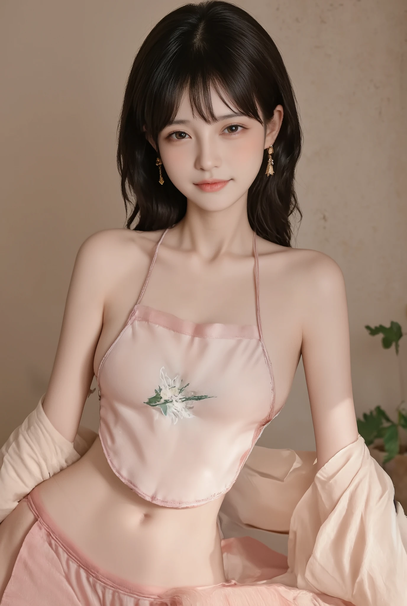 girl,solo,dress,earrings,jewelry,long hair, ancient female chinese clothes,looking at viewer , Chinese dress,brown eyes, black hair, sexy camisole, camisole like a pink see through cloth, revealing full thights and hip and venter, top quality, Masterpiece, Ultra High Resolution, High Definition RAW Color Photos , pro pics, natural skin texture, fine skin, hyperrealism, smiles,Earrings, gigantic breasts, slit dress, camisole, collarless dress   
