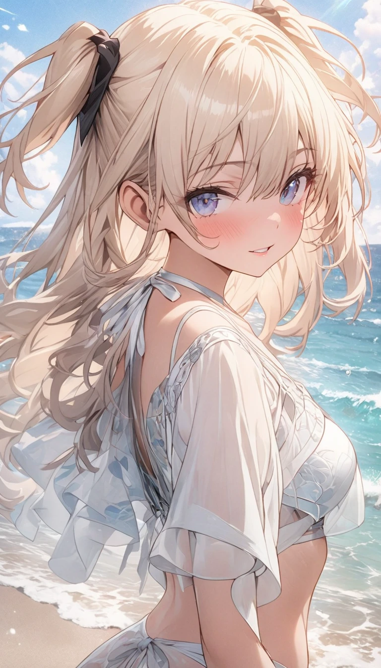 one beautifu girl floating in the sea using a floating ring,long straight gold ash hair,wearing A bikini.light smile,(masterpiece), (best quality), (ultra-detailed), (illustration), (detailed light),(an extremely delicate and beautiful),(beautiful details eyes),natural light, wide angle shot, and high quality photo.