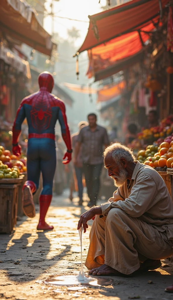 Krish and Spider man standing indian Street Market 
And selling vegitable 