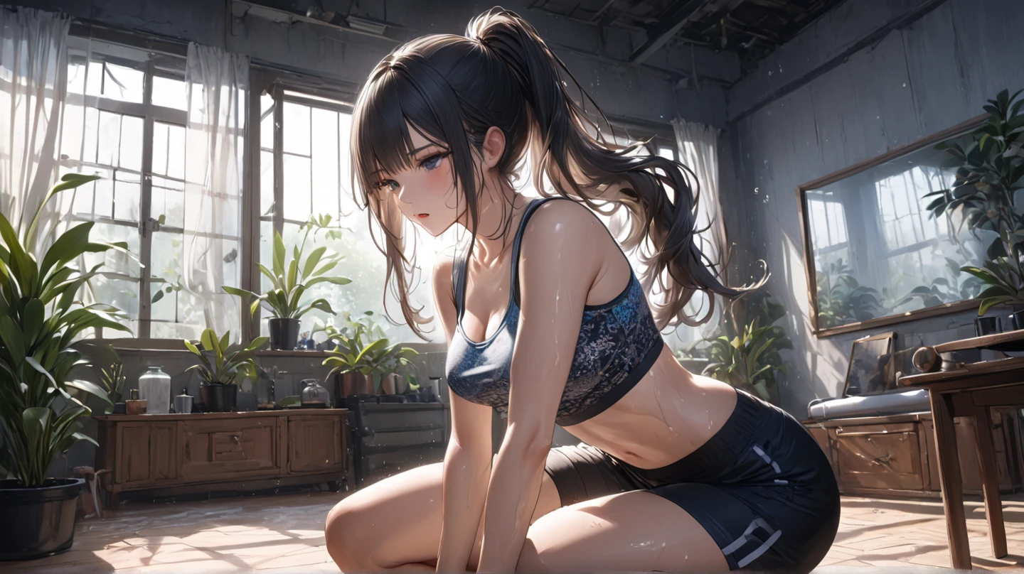 (ultra-realistic rendering, highest quality), ((highest quality, 16k, masterpiece: 1.3)), (beauty, 1 girl), (realistic photo shot in a dark studio), (medium full body shot), (20 year old girl posing sexy in gym), (Sexy sports outfits), sports leggings, play sports often, beautiful and detailed face, small breasts, pale skin, Fine long blonde hair, heavy makeup, (realistic glowing skin), masterpiece, highest quality, High Resolution Scan, (professionally color graded), sharp focus, rim lighting, 薄darkです, two-tone lighting, dark, Tifa,Hands in front of you, Emphasis buttocks,young sensual gravure idol, Glossy skin that looks wet!!, shiny silver, cute freckles,((beautiful skin)),((skin texture)),((Real Touch)),healthy, Ruddy, Hair tied up with a rubber band,