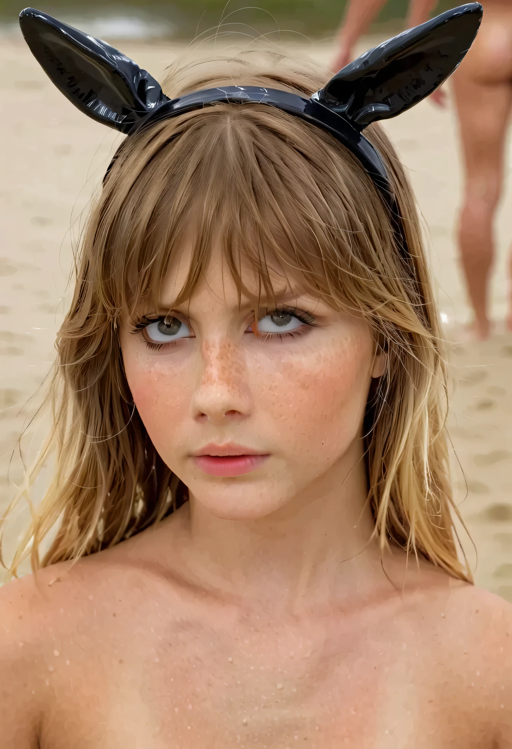 score_9,score_8_up,score_7_up, the extreme young age and beautiful top model Ana Claudia Michaels, ((8yo (((8yo)))(very young)), (((young age))), (((extreme young girl))), (((extreme young girl))), (((under age girl))), (((extreme young girl))), (((extreme young face))), (((little and young girl))), (((8yo))), (ung girl)), (((young girl face))), (((young girl body))), ((slim body)), freckles, ((she is wearing black bunny ears)) ((toned)), ((((high detailed face))), (((ultra detailed face))), (((ultra realistic face))), ((pale gray eyes)), lubed, wet, ((Sweaty)), ((wet long blonde hair to the waist with bangs)), ((on a very busy beach)), ((busy beach background)), (((knee level shot))), (high resolution:1.2), intricate, (cinematic quality, extremely detailed:1.4), realistic ambient shadows, (best render:1.3), unreal engine, shallow focus, depth of field, (eye and lip highlights), (high contrast), (realistic skin textures), (realistic expression), (proportional body), (proportional face), (((low angle knee level shot))), photorealistic, photo, masterpiece, realistic, realism, photorealism, high contrast, photorealistic, 8k HD high definition detailed realistic, detailed, skin texture, hyper detailed, realistic skin texture, armature, best quality, ultra high res, (photorealistic:1.4),, high resolution, detailed, raw photo, sharp re, by lee jeffries nikon d850 film stock photograph 4 kodak portra 400 camera f1.6 lens rich colors hyper realistic lifelike texture dramatic lighting unrealengine trending on artstation cinestill 800