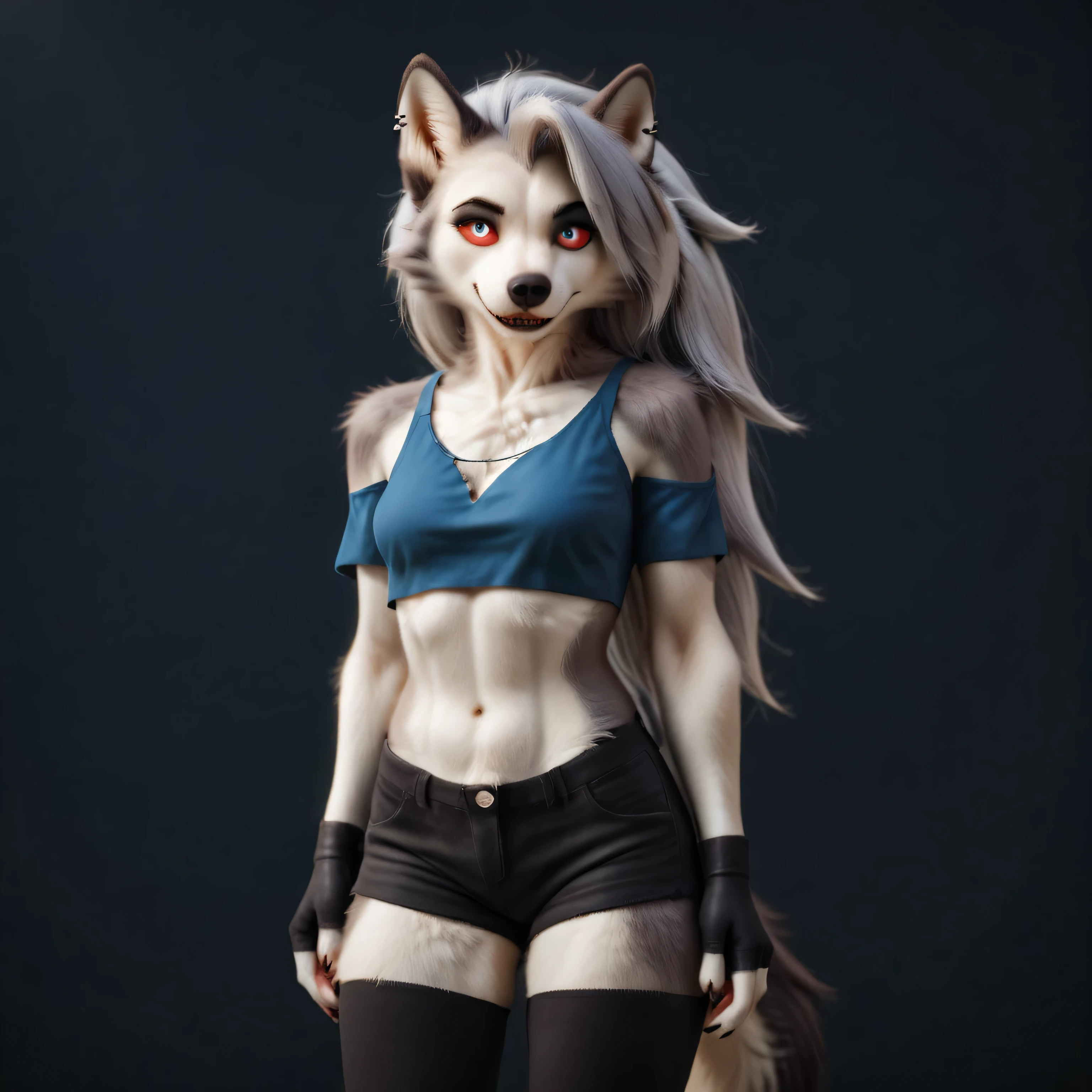 solo,1girl, Loona, furry female, Anthro, furry, thigh highs, fingerless gloves,Shorts, Crop top,\) . score_9, score_8_up, score_7_up, score_6_up, score_5_up, score_4_up, source_anime,source_furry,rating_safe,rating_questionable,masterpiece, best quality, perfect anatomy , very aesthetic , absurdres ,