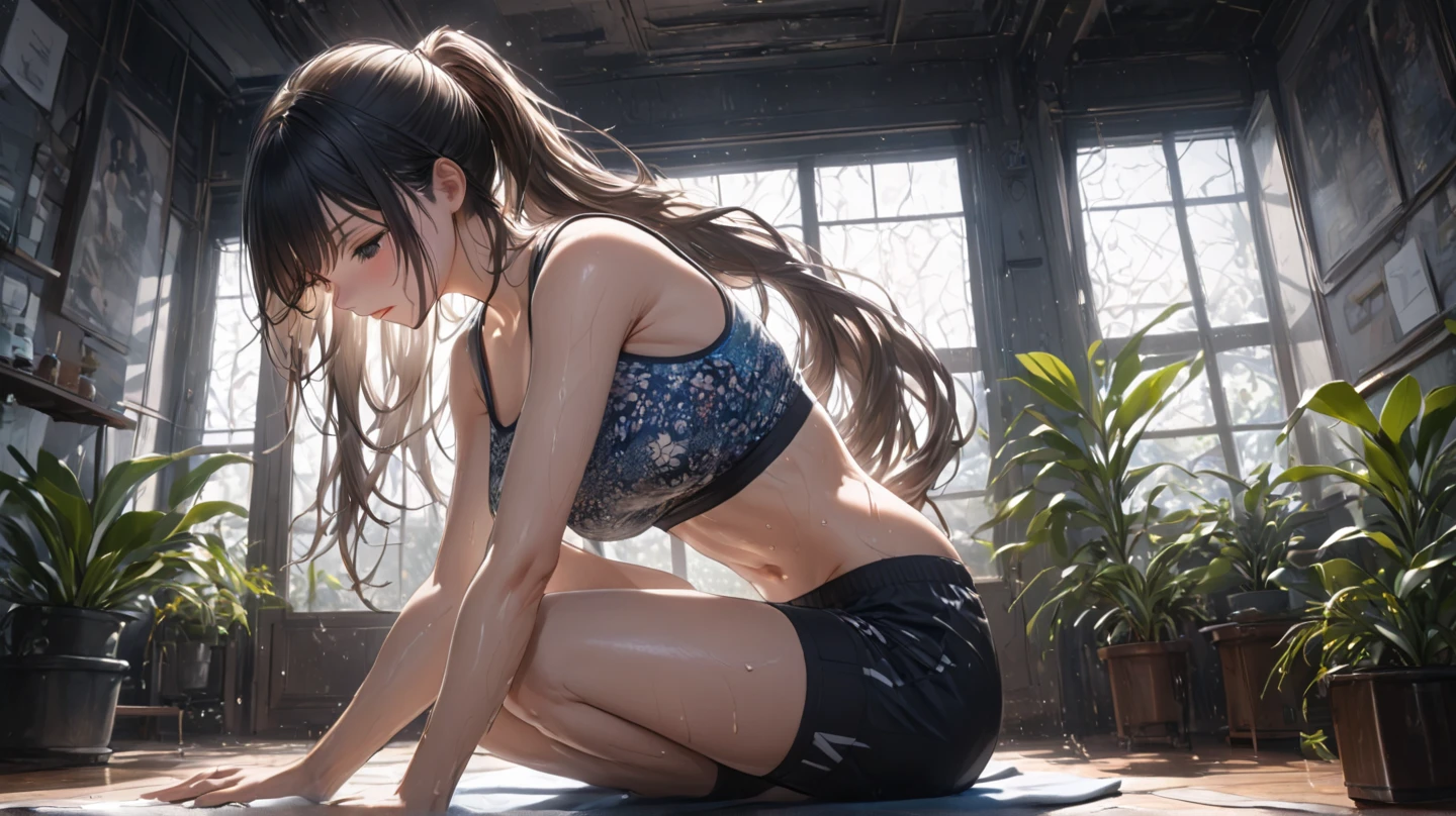 (ultra-realistic rendering, highest quality), ((highest quality, 16k, masterpiece: 1.3)), (beauty, 1 girl), (realistic photo shot in a dark studio), (medium full body shot), (20 year old girl posing sexy in gym),random pose, (Sexy sports outfits), sports leggings, play sports often, beautiful and detailed face, small breasts, glossy black hair, (realistic glowing skin), masterpiece, highest quality, High Resolution Scan, (professionally color graded), sharp focus, rim lighting, 薄darkです, two-tone lighting, dark, emphasized chest, young sensual gravure idol, Glossy skin that looks wet!!, shiny silver, Cute freckles on the cheeks,((beautiful skin)),((skin texture)),((Real Touch)),healthy, Ruddy, Hair tied up with a rubber band,