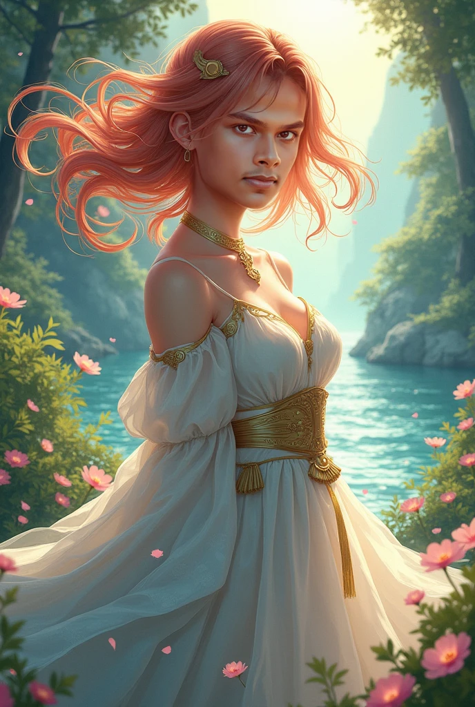 designed by frederic edwinchurch, landscape art, hdrerotic, slender, intricate details, intricate background running, she has high cheeks, she is dressed in a dull thobe that was forged bycola, it is sensual, pink hairstyle, earbuds, illustration, lustful
