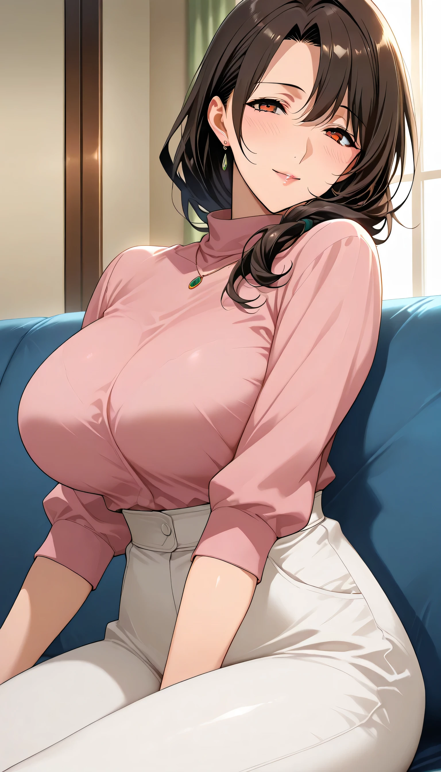   Girl seen from the side  , Vol sidewaystuous women, Older,  Big Breasts,  mature woman,  of motherhood,   wide waist ,    score_9,  score_8_  sideways,  score_7_  sideways,  score_6_  sideways,   source_anime,   beautiful face,  expressive eyes, detailed eyes panty pants on pantyhose  ,  alone, close-  sideways,   sitting , Sofa,  indoor,  Scenery,   dramatic lighting, anime screencap,   Enchanting Smiles