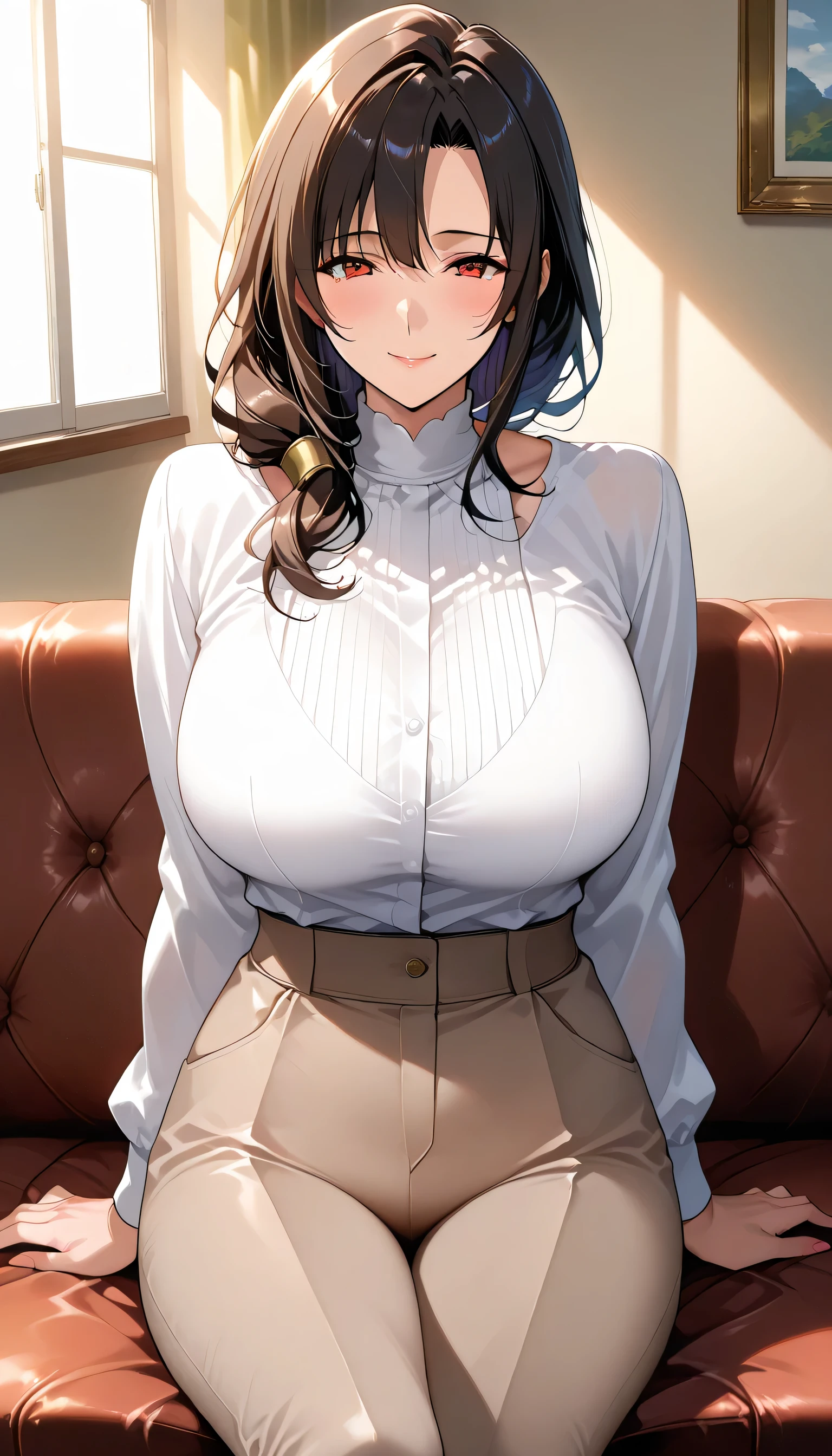 Girl seen from the side , Vol sidewaystuous women, Older, Big Breasts, mature woman, of motherhood, wide waist , score_9, score_8_ sideways, score_7_ sideways, score_6_ sideways, source_anime, beautiful face, expressive eyes, detailed eyes panty pants on pantyhose , alone, close- sideways, sitting , Sofa, indoor, Scenery, dramatic lighting, anime screencap, Enchanting Smiles
