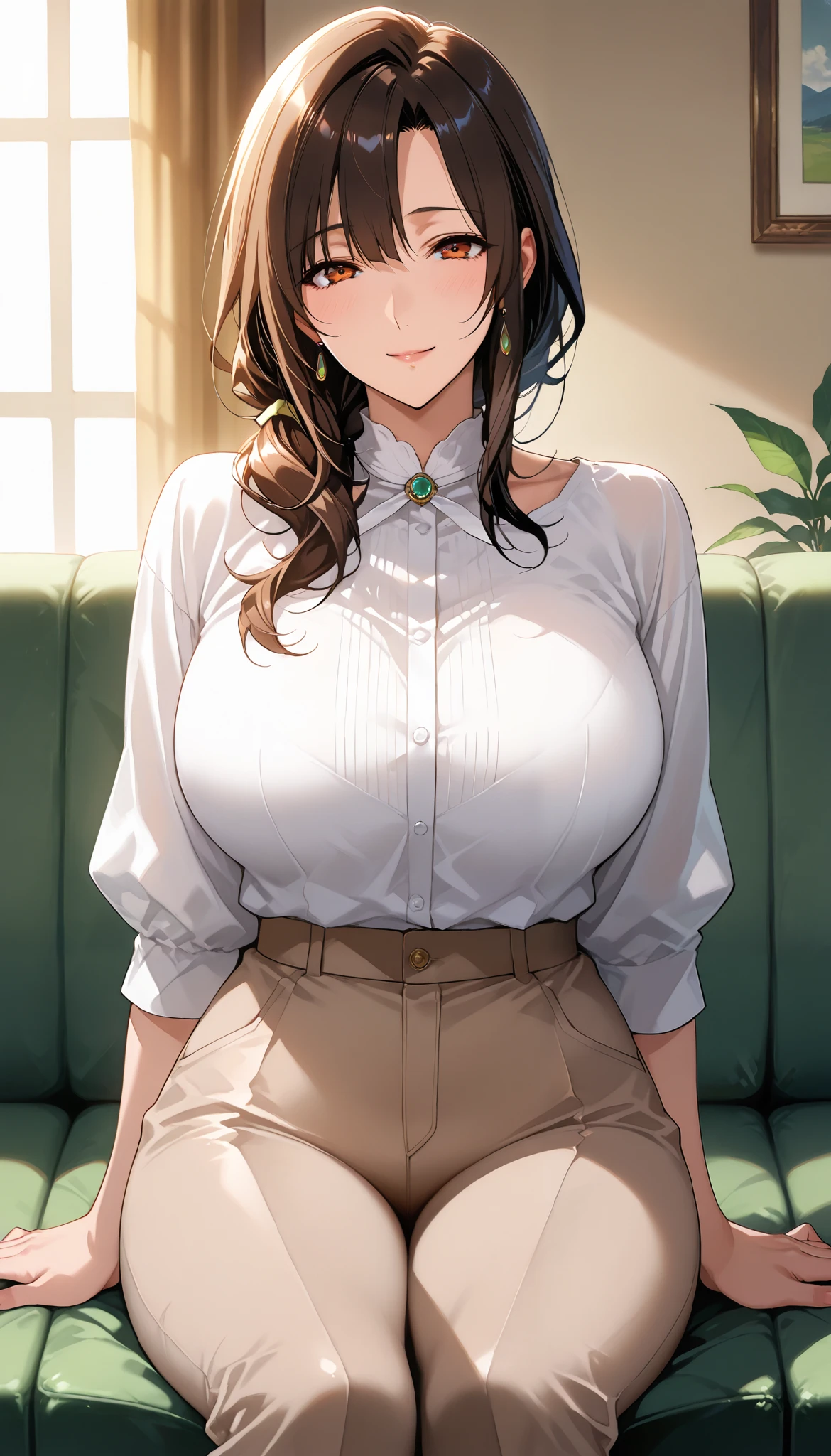 Girl seen from the side , Vol sidewaystuous women, Older, Big Breasts, mature woman, of motherhood, wide waist , score_9, score_8_ sideways, score_7_ sideways, score_6_ sideways, source_anime, beautiful face, expressive eyes, detailed eyes panty pants on pantyhose , alone, close- sideways, sitting , Sofa, indoor, Scenery, dramatic lighting, anime screencap, Enchanting Smiles