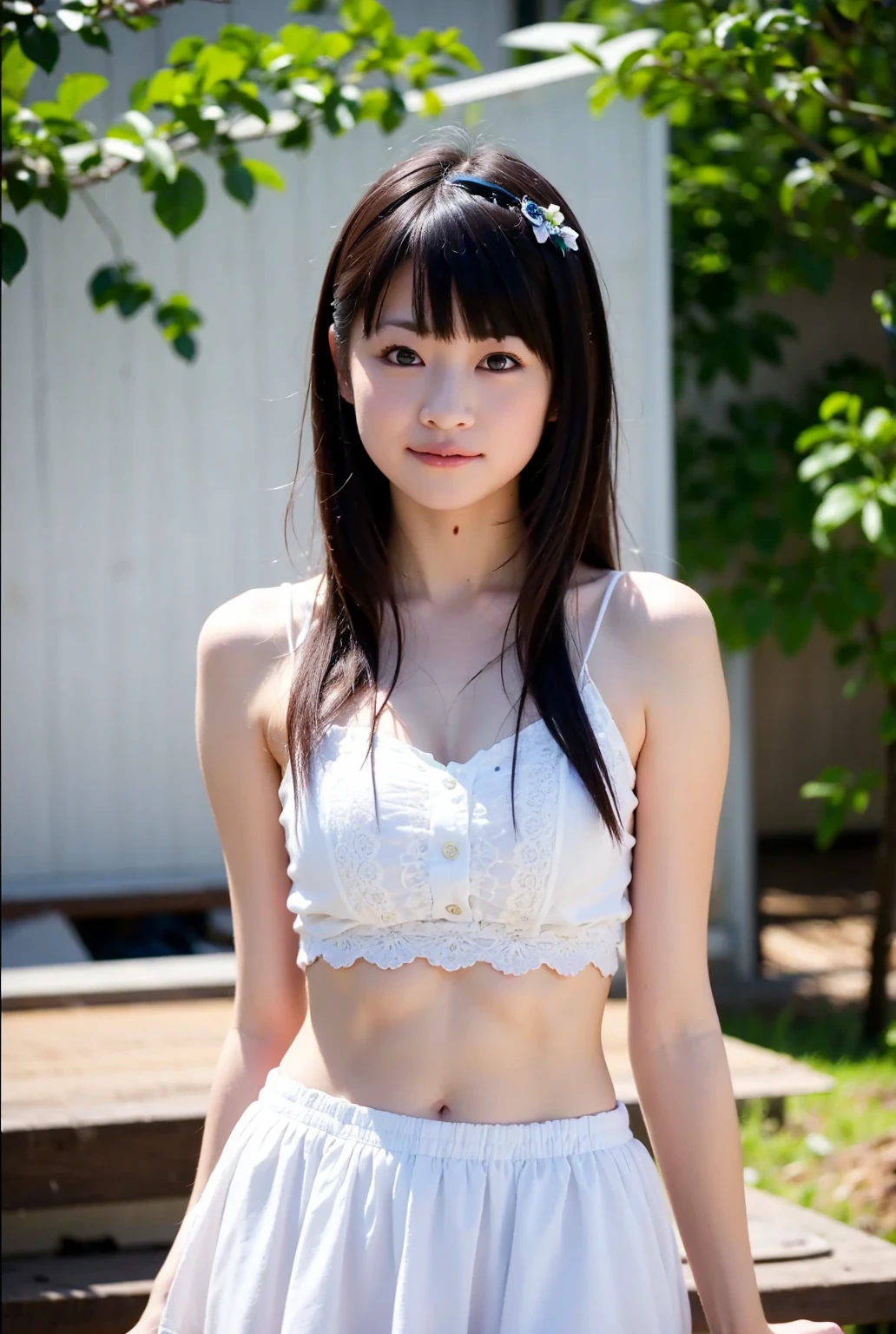 highest quality, High resolution, realistic pictures, detailed skin texture, ((Cute 12 year old Japanese girl wearing a short white camisole)), view audience, slim body shape, charming gaze, Fair skin, baby face, (flat chest:1.2), long straight hair, (loli:1.2), In the park where cherry blossoms dance, smile