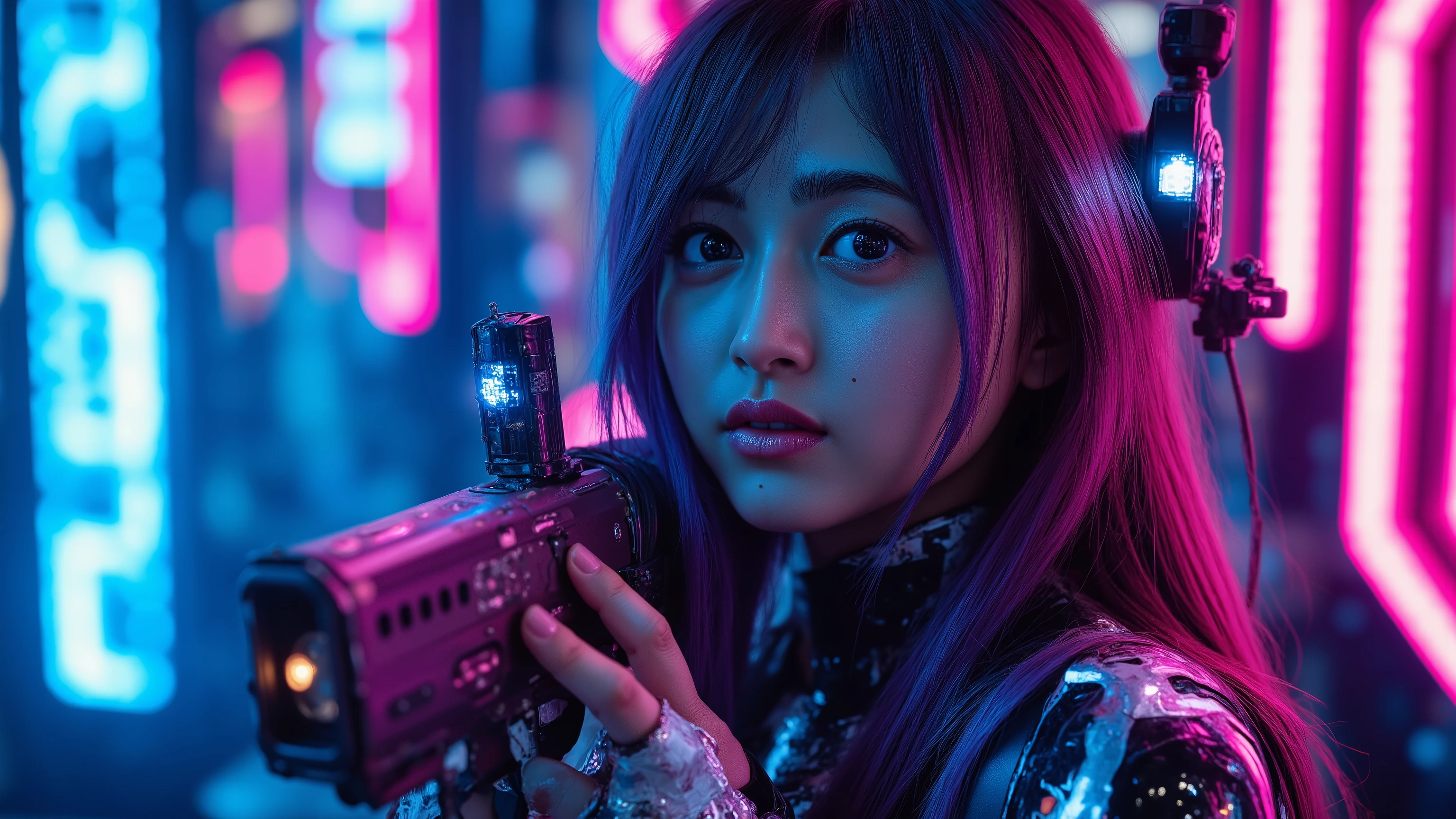 in a hyperrealistic cinematic close-up of a woman in her mid-twenties、long, Wavy hair dyed in shades of purple and pink. wearing a cybernetic suit that fits a light-emitting circuit and a high-collar body. Her eyes are an amazing mix of nature and augmented reality, emits a faint digital glow. she has a futuristic weapon, Her expression is a mixture of determination and weakness. The background is neon light and digital noise Chaotic blur of, suggests a high stakes battle. the color use of the synthwave is vivid and, It's electric blue and,  hot pink , deep purple dominates the scene.