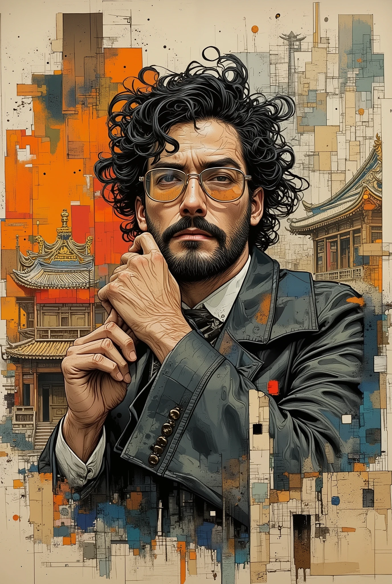 Asian man, against the background of the oriental pavilion, thoughtful look, expressive facial expressions, anatomically correct hands, finely stylized hair, beard, proportional body, interesting dynamic pose, complex composition, the finest detail, restrained colors, lines, spots, splashes of paint, strokes, color perspective, tonal perspective, stylization, linear digital art, surrealism, illustration, ink, watercolor, graphics, abstraction, high detail, lots of small details