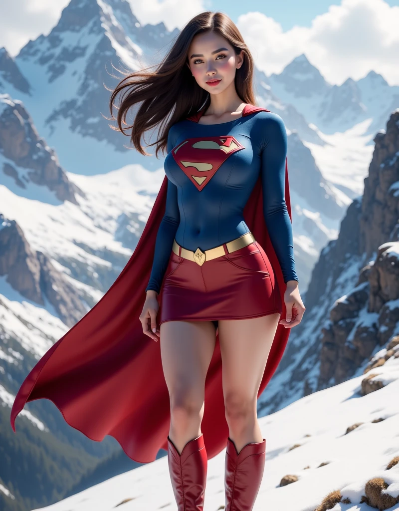 whimpering Melissa Benoist open thighs,super girl up skirt,(white panties),(shoot from below),(coverd nipples),wind from below,sky,solo, red cape,(red thin skirt),(blue tite long sleeve shirt),damage, injuries,bruises,