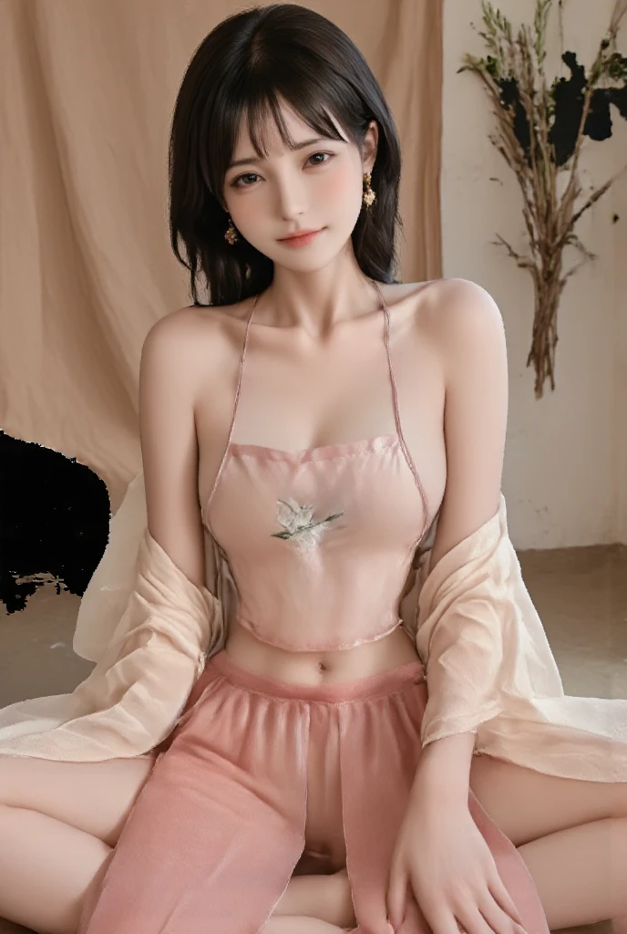 best quality, masterpiece, 1 girl, perfect beautiful face, (photo photo:1.3), edge lighting, photography lighting, (high detail skin:1.2), 8k ultra hd, DSLR, high quality, high resolution, white skin, detailed textured skin, half body in frame, sexy posing, poker face, perfect propotion face, symetric face, eye level shot, 4k, 8k, bokeh, absurd, best ratio four fingers and one thumb, (realistic:1.3), beautiful detailed girl, cute 1girl, dark brown hair, long hair, ponytail, bangs, volume hairs, collosal-breast, full looking breast, projecting breast, slim waist, slender, small thighs, perfectly proportion, dudou,chinese underwear, , half updo, collarbone, midriff, hanfu, shirt, see-through, chinese clothes, skirt, long sleeves,wide sleeves, dress,camisole, jewelry,hair ornament, off shoulder, bare shoulders, arm up, chinese background, detailed background