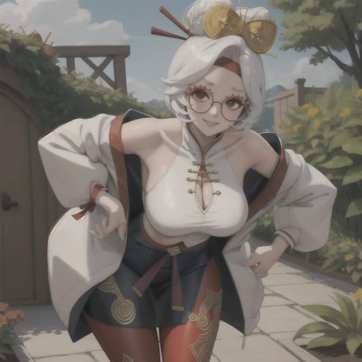 masterpiece, best quality, purah, red glasses, hair ornament, hair stick, red headband, white shirt, bare shoulders, white jacket, black skirt, orange leggings, large breasts, looking at viewer, entrance, garden, leaning forward, upper body, hands to hips, smile
