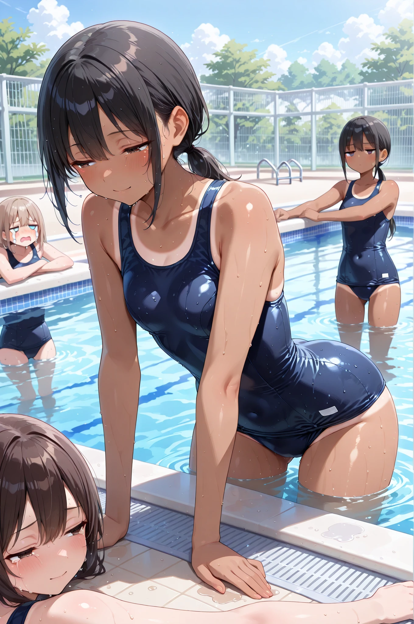 masterpiece, best quality, 3girls, 10yo, (petite), ponytail,
seductive smile, open mouth, stretching, leotard, see-through, nipple slip, small breasts, (school gym:1.1),