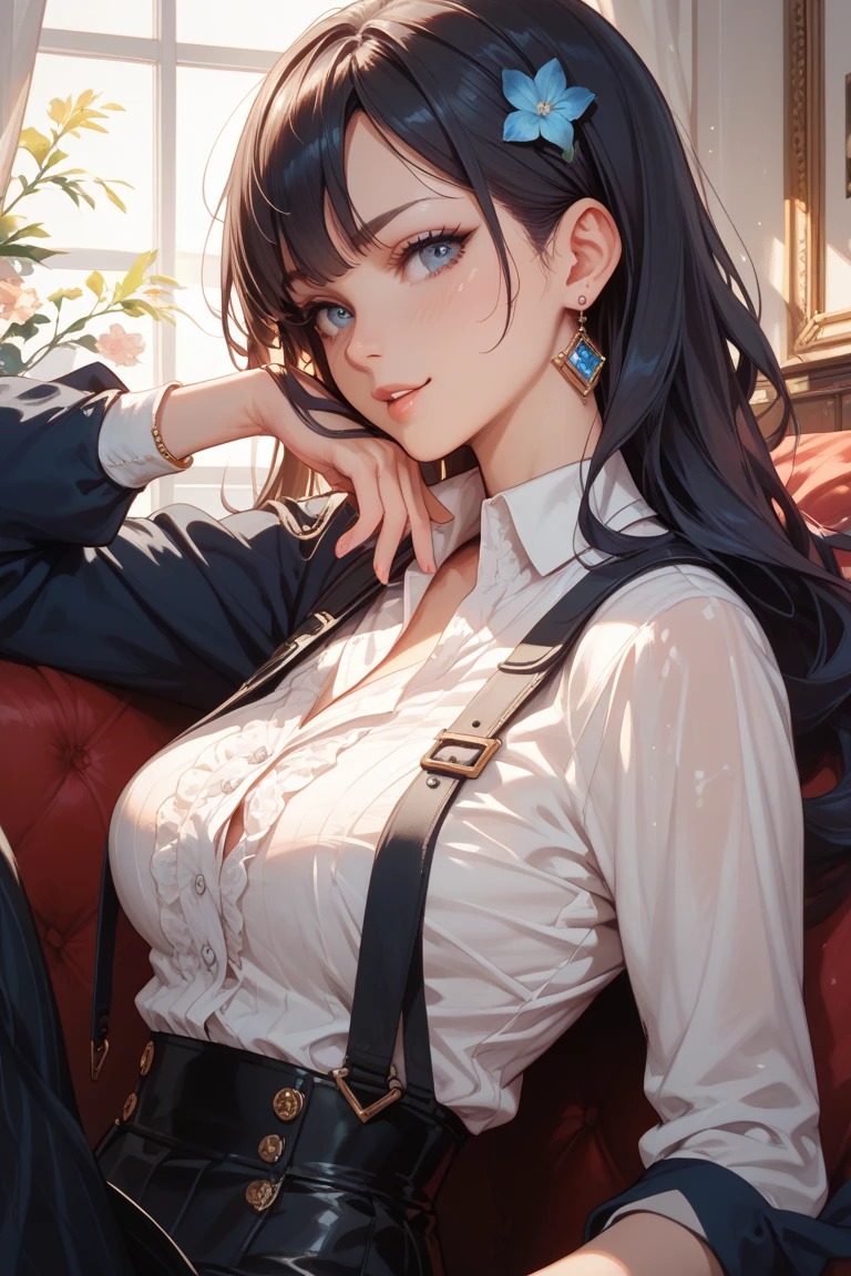 ((junkotvv, black hair, red eyes, extremely long hair, messy hair, neko ears)), (en haut d'un immeuble), jambes grasses, gros seins, sourire, (extremely fine and beautiful:1.1), (perfect details:1.1), (finely detailed eyes and detailed face:1.3), Marian, Nikke, shirt, necktie, hat, hair ribbon, gloves, belt, skirt, detached sleeves, pantyhose, sitting