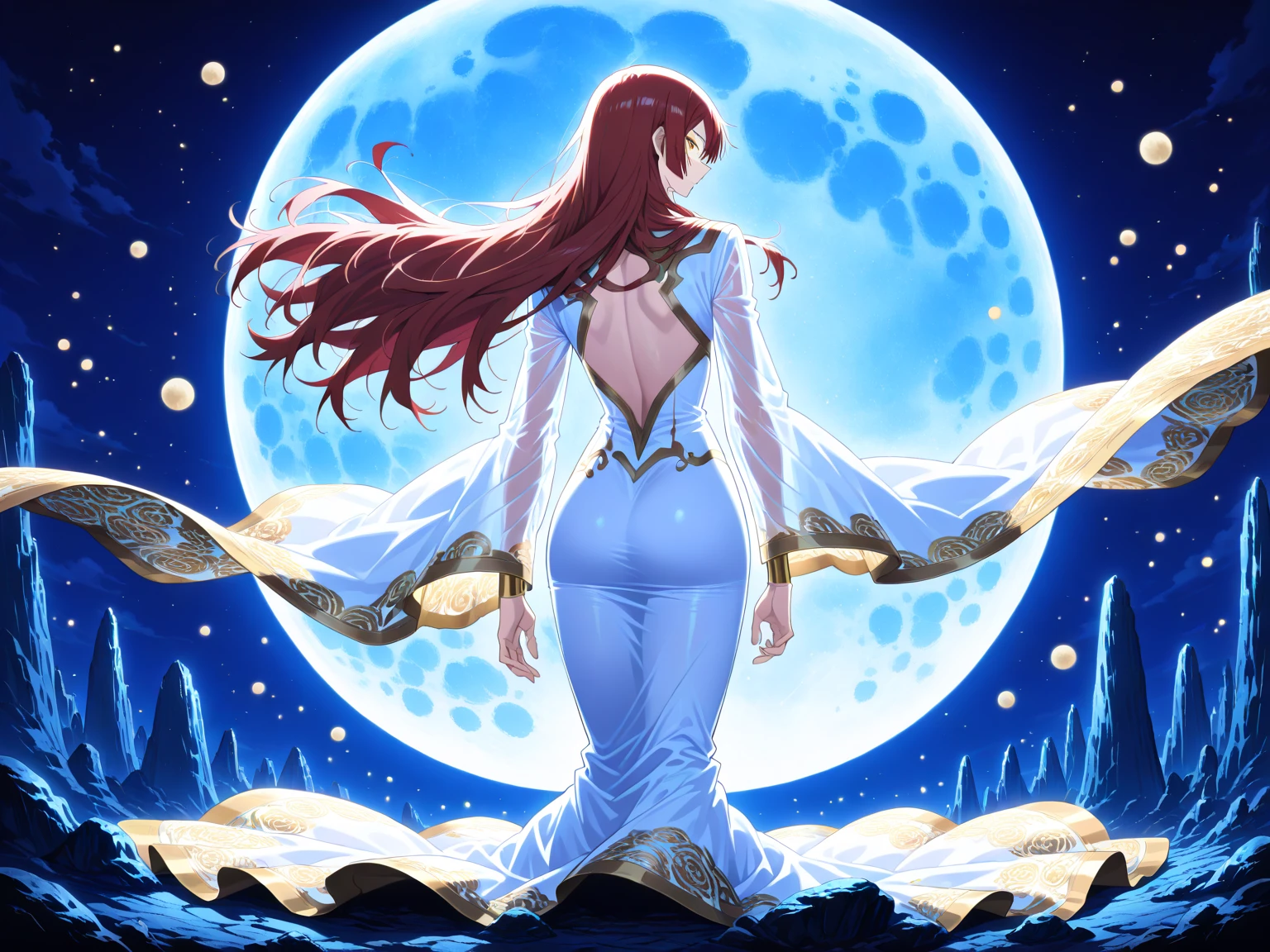 ((masterpiece), best quality, high quality, professional quality, highly detailed, highres, perfect lighting, natural lighting), morbid, Gigantic sea creature rising from the depths, Fair Skin, Brunette with long layers and side-swept bangs, rose satin lipstick, A moonlit rooftop with a figure perched on the edge, overlooking the city