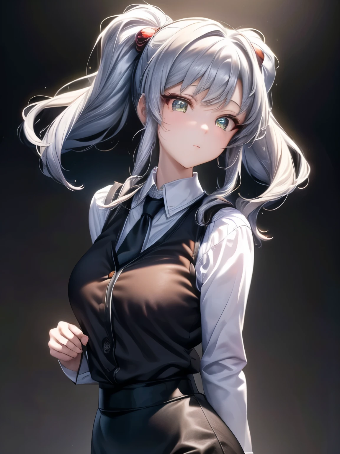 sleeveless,armpits,wet skin,(mAsterpiece:1.2), best quAlity, high resolution, unity 8k wAllpAper, (illustrAtion:0.8), (beAutiful detAiled fAce:1.2, beAutiful detAiled eyes:1.2), Perfect Lighting, extremely detAiled CG, (perfect hAnds, perfect AnAtomy),
cute, beAutiful, chArming lAdy, shiny hAir, shiny skin, beAutiful light big eyes,
Mature Woman, mArried womAn, soft With A gentle AppeArAnce And A gentle mother-like Atmosphere,
it is_A, twintAils, silver hAir, golden eyes , shirt, white shirt, long sleeve, stick tie , blAck tie, vest, orAnge vest, sleevelessベスト, blAck skirt, tight skirt,