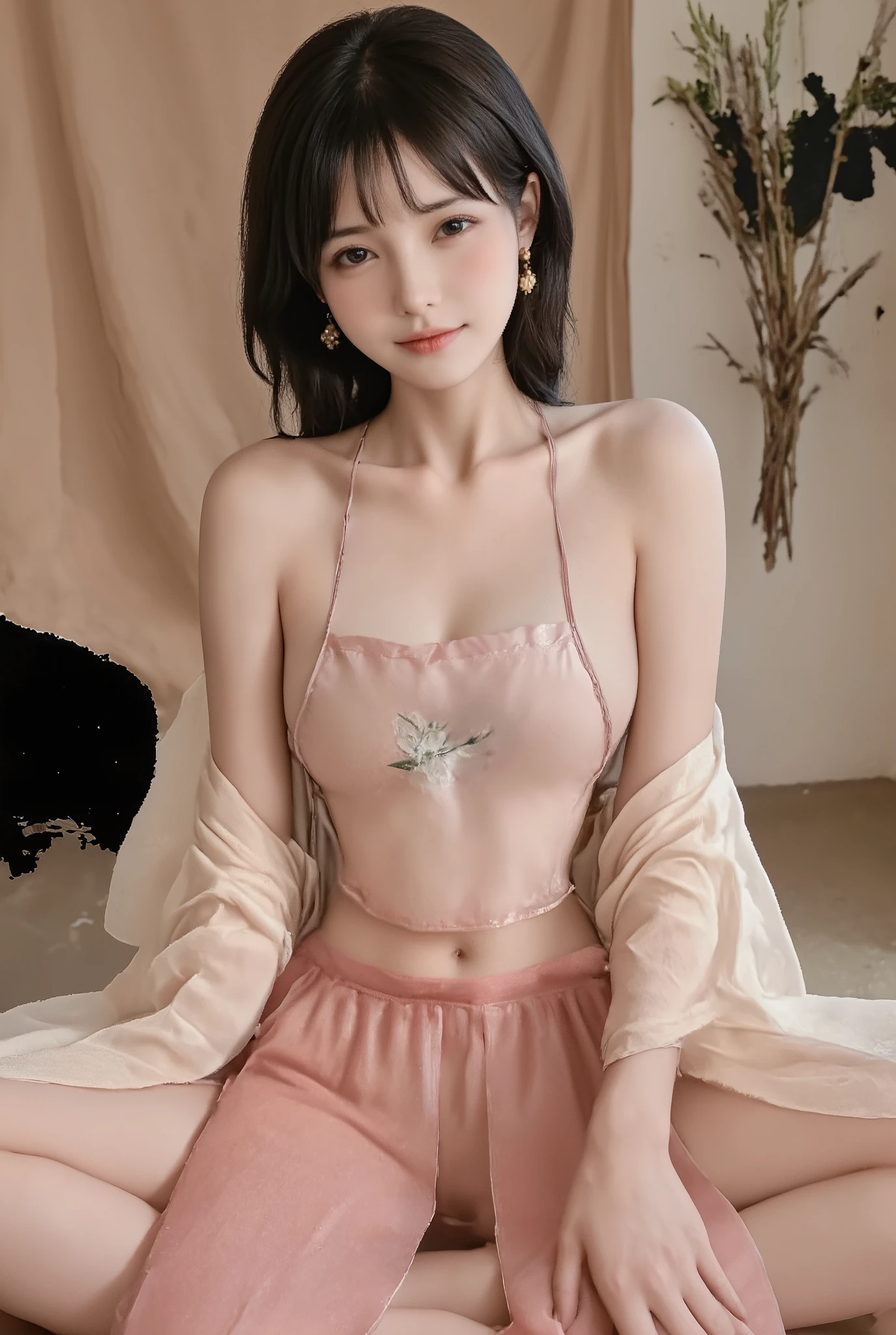 girl,solo,dress,earrings,jewelry,long hair, ancient female chinese clothes,looking at viewer , Chinese dress,brown eyes, black hair, sexy camisole, camisole like a pink see through cloth, revealing full thights and hip and venter, top quality, Masterpiece, Ultra High Resolution, High Definition RAW Color Photos , pro pics, natural skin texture, fine skin, hyperrealism, smiles,Earrings, gigantic breasts, slit dress, camisole, collarless dress   
