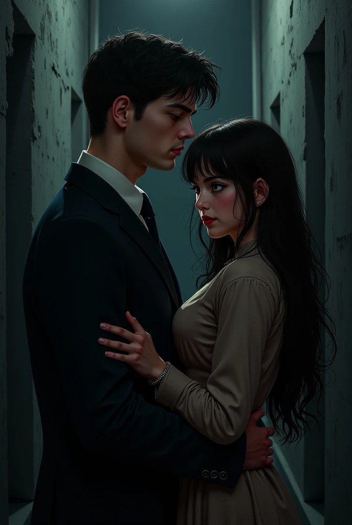 Mostra-se um homem e uma mulher, with height difference, majo, 27 anos, camisa branca, black pant, Rear head, majo, tall appearance, ponte de nariz alto, olhos grandes, Double eyelidm, alto, loiro, olhos verdes, symmetric eyes, olhando para a menina,, uma mulher vestindo um vestido bonito, longos cabelos castanhos, symmetric eyes, olhos grandes,  olhos negros, there is a height difference