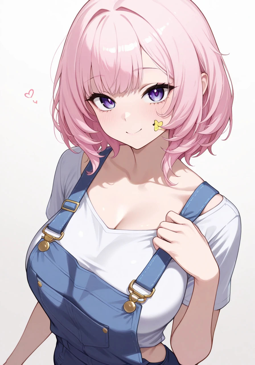 oversized shirt, 1girl, yumemi riamu, pink hair, solo, shirt, breasts, collar, ahoge, white background, open mouth, pink eyes, upper body, simple background, jewelry, pill earrings, earrings, multicolored hair, fang, blue hair, two-tone hair, large breasts, sweat, looking at viewer, belt collar, short sleeves, hair intakes, short hair<lora:oversized_shirt_offset:1>