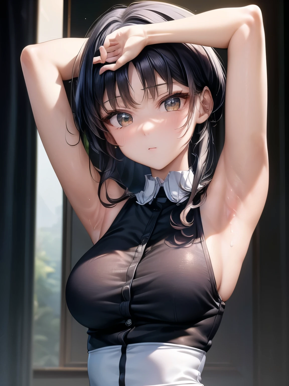 girl, black haired, showing armpits, blushed, flat chest