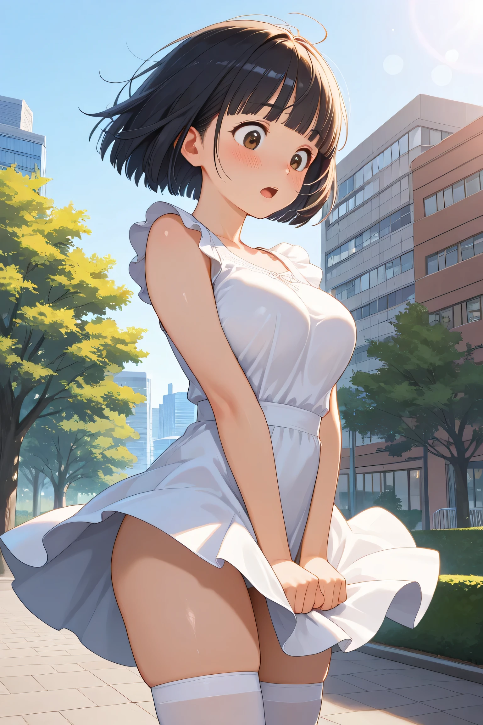 one girl, cute face, tank top, skirt,looking up a skirt, lace panties, wet panties, focus on panties, looking at viewer big boobs, long legs, wide spread legs, happy, outside, 8k, high res, masterpiece, full body