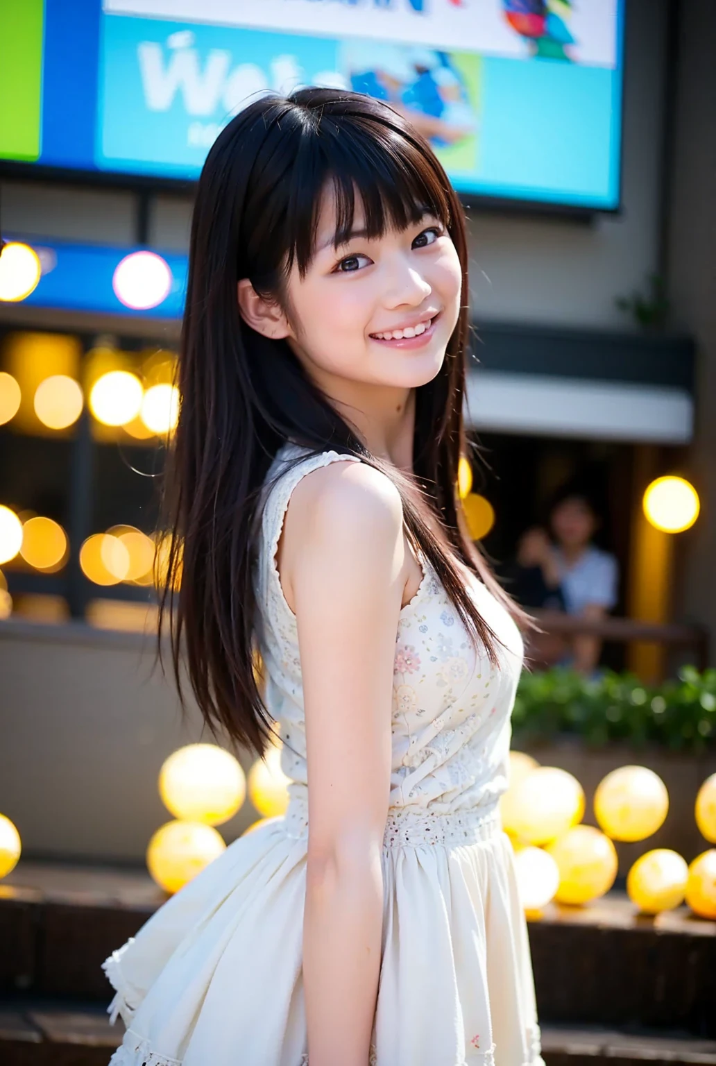 áo ngực mỏng; Beaming smile; brilliant sunshine; city background; see-through dress