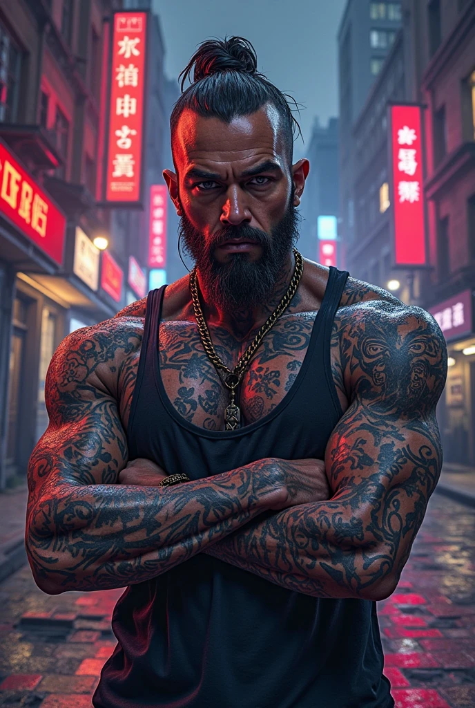 Men with tattoos on their chests and arms, Build surreal muscles, Very detailed surface details, 4K, ink punk style, good light, cyberpunk style, Katana illustration, Artistic concept, Standing full body, cinema, Promotional Art, incredible light, One hand grips the katana., fight, dodge, avoid, realistic, photo realistic:1.37, bright colors, clear focus, Blurry, Fantasy:1.2, dynamic poses:1.37, intense stare, Special powers, Legendary power, black and red, Body wounds