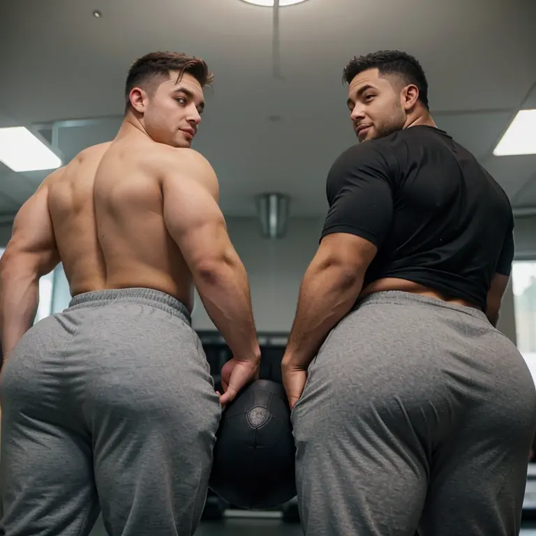 Two male college football players, muscular, jocks, at the gym, athletic, shirtless, dark brown hair, wearing grey sweatpants, big butt, huge ass, curvy men, comically massive ass, bubblebutt, thick, thicc, thick ass, thick legs, thick thighs, huge butt cheeks, ass huge, showing butt to camera, smiling, looking back at camera, big booty, boy booty, men with huge butts, men in grey sweatpants, showing off ass, absolutely massive butt, enormous ass cheeks in grey sweatpants, full ass, round ass, juicy ass, expansive ass, tight sweatpants, filled sweatpants, perky fat butt cheeks