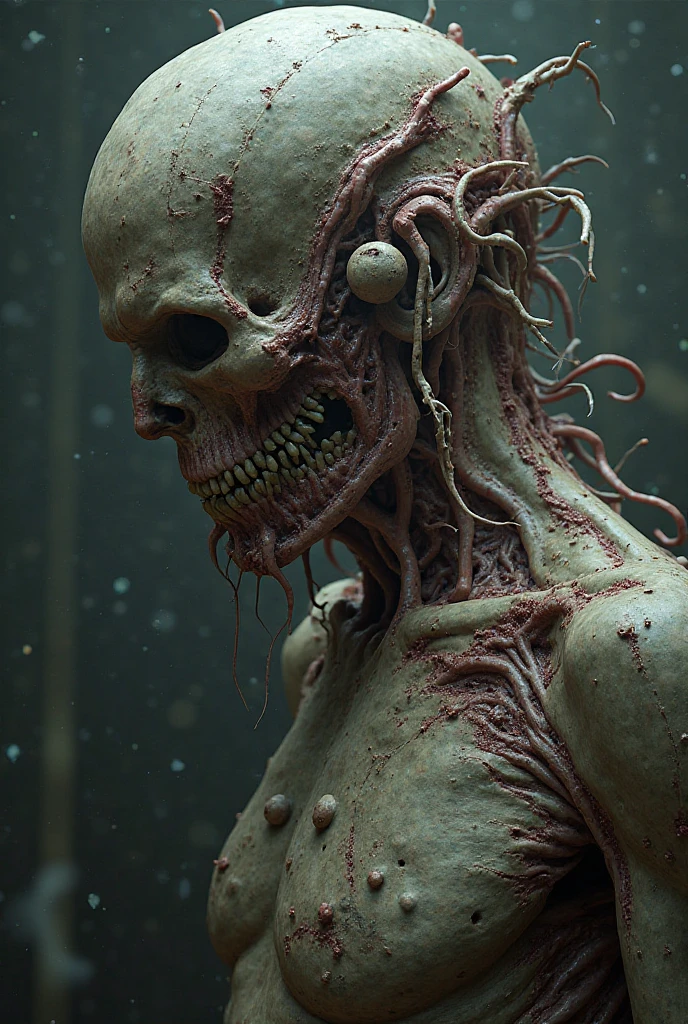 Female cyberpunk, com fios saingo, mandibles, dentes afiados, Filme de Horror, animatronic, filme gore, filmado com panavision, monocromatic, estilo VHS antigo, holding his head in despair, choro, soio, triste, Industrial Gothic, industrial, olhando para a cena, de frente, closed up, olhando para cena, frontal picture