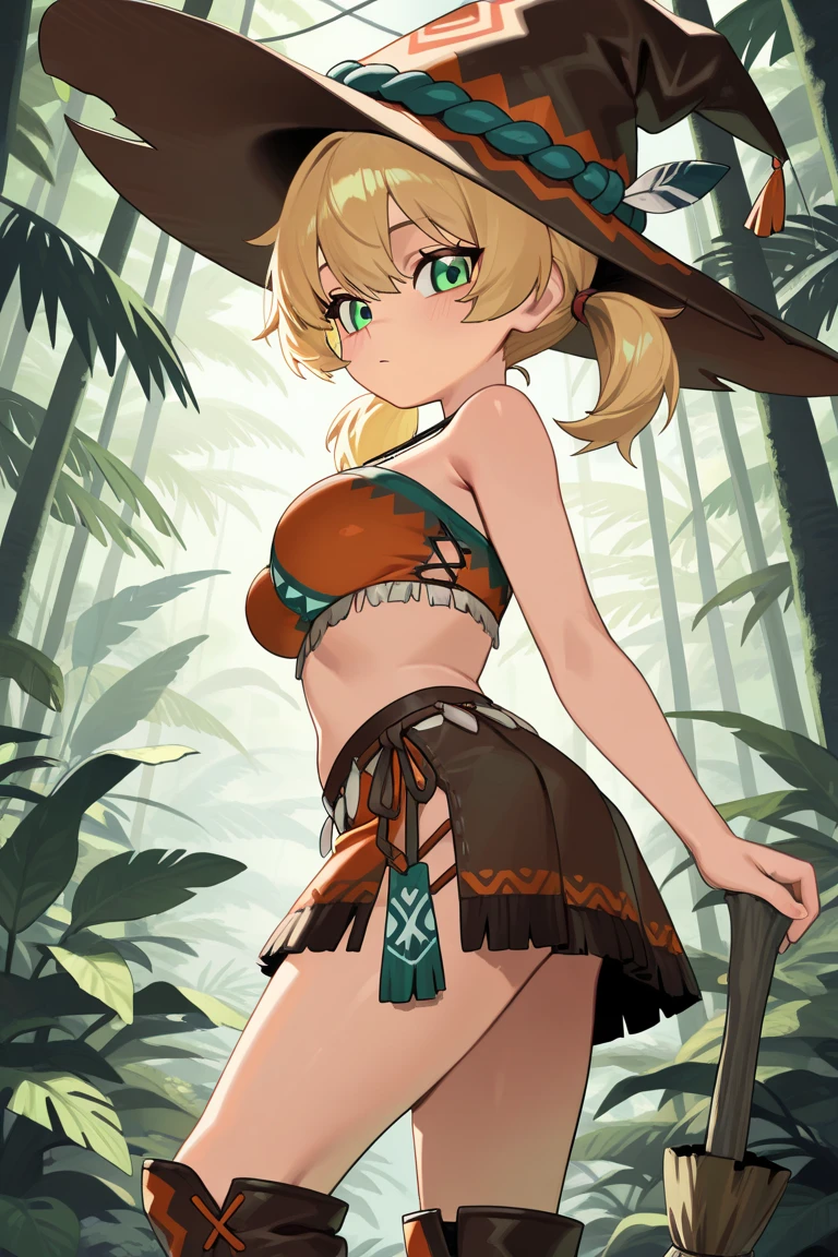 (tmasterpiece, beste-Qualit, 1girl:1.2, 独奏:1.3), Lyubava, hairlong, green colored eyes, brown-hair, braid, ((Little Red Riding Hood with yellow circles)), headdress, blush stickers, freckles, no swimsuit, sweat drops, woods, in the woods, thongs, sexy transparent lingerie, Large cleavage, Flirtation, humble, ssmile, Sun light, big breastes, big thighs, big breastes, TITTIES, Big tits shine through, dressless, Large cleavage, пизда, Without panties and without a bra