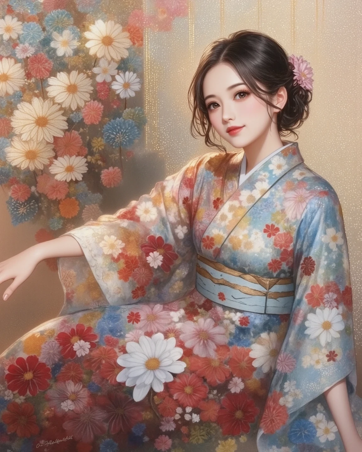 woman in a beautiful Japanese kimono、sparkling detailed black eyes、moist lips、 loose wavy hair 、black hair、quiet atmosphere、smile、Gesture Bringing Her Hand Forward、Tree with Iridescent Leaves々 、natural light、quiet atmosphere、Twinkle、fluffy、Top Quality、high image quality、masterpiece:1.4、4K、watercolor:5、Tree with Iridescent Leaves々 々、natural light、quiet atmosphere、Twinkle、fluffy