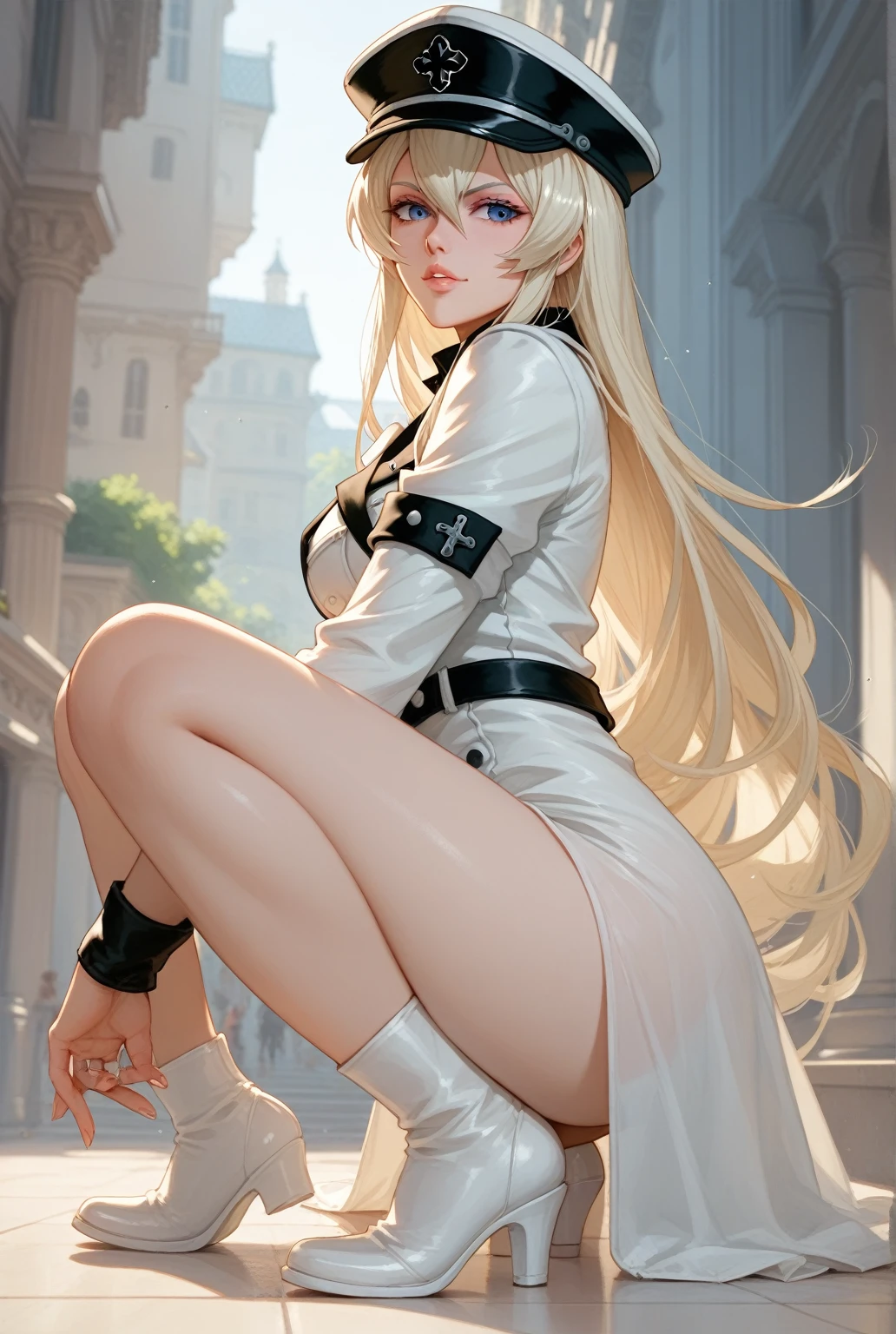 Amanda Seyfried sitting on the iron throne, dressed in thong panties and light blue high heels, and with her legs spread showing off her white panties wet with sweat