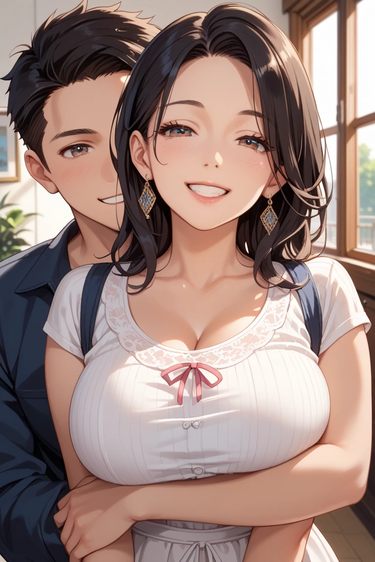 Hot sexy beautiful milf mom ,big long silver chandelier earrings,black hair,blush,black eyes, necklace ,wavy blunt hair, lipstick , strapless bra, pants, smiling