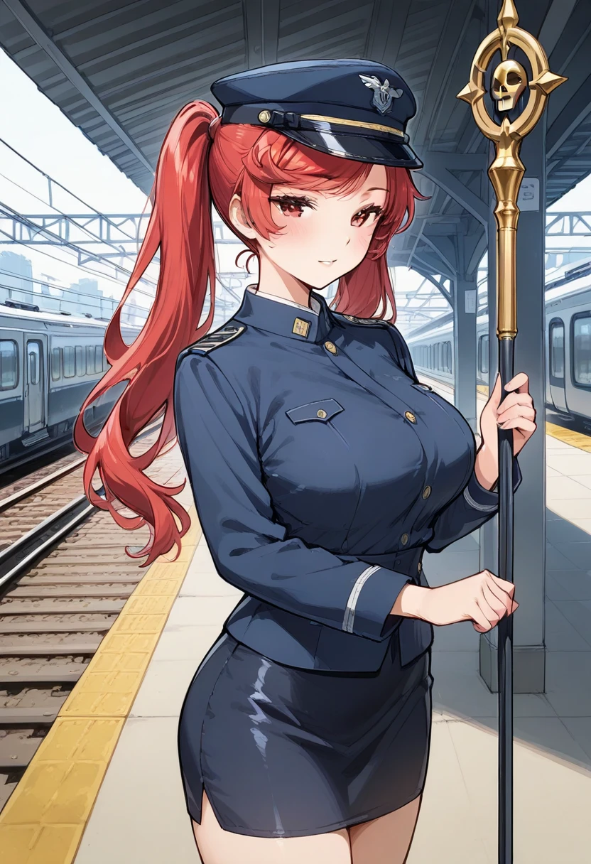 masterpiece, best quality, highres, aanitta, (very long hair), (black peaked cap), earrings, big breasts, cleavage, muscular body, military uniform, epaulettes, badges, (black shirt:1.2), (gold trim), (bulletproof vest), (red ascot), black sleeves, long sleeves, (black cargo pants), utility belt, (belt pouches), cargo pants, (white gloves), cowboy shot, standing, (serious facial expression), closed mouth, facing the viewer, looking at the viewer, (subway train car), passengers, overcrowded