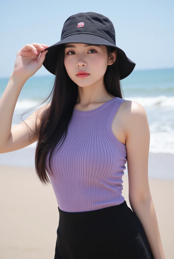 A very cute girl, solo, young, wearing purple tank top and short pants, big breasts, white and smooth skin, standing, long hairs, red lip, at beach, realistic face
