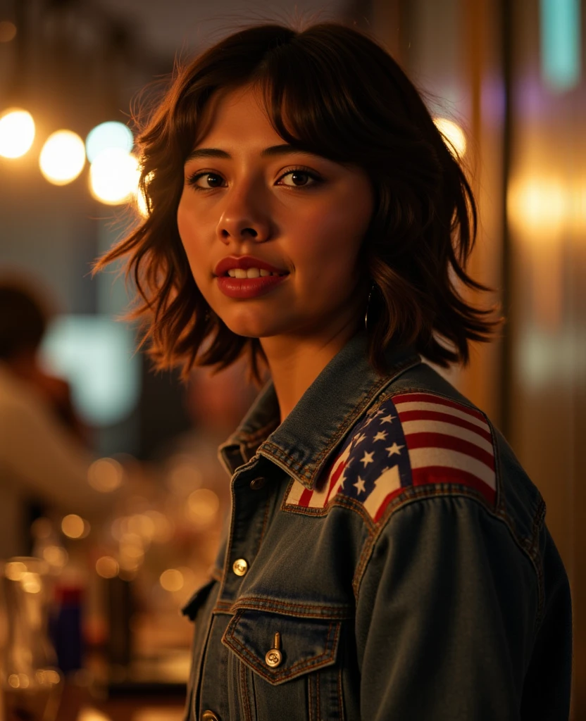 In a cinematic and hyper-realistic dinner, Xochitl Gomez as america Chavez, wearing jean jacket whit the american flag printed in both shoulders, at night,  long black messy hair , fit body, normal fit legs, she's 35 years old