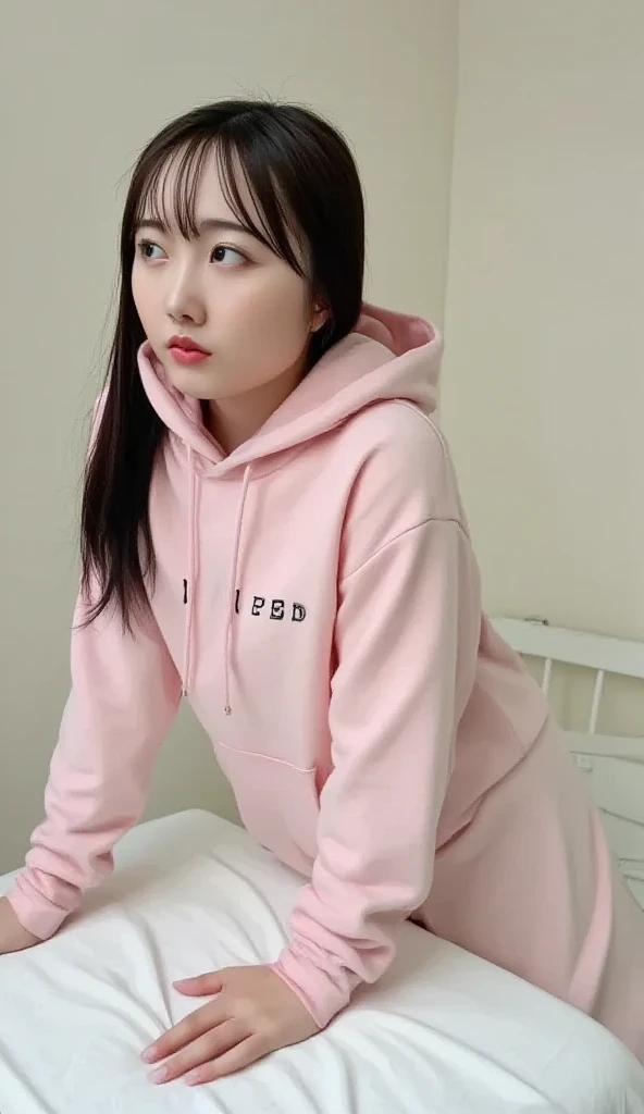 A woman under a tree, wearing oversized pink hoodie, sitting under the shade of tree.(((Tree shade, meadow, full body, photographic))). (((High resolution, detailed face, detailed eyes)))