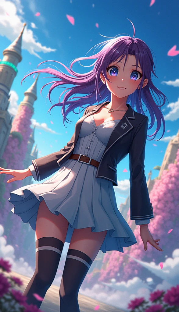 master piece,best quality, Solo woman,22year old, beautiful eyes,cute, jumping, Heliotrope jacket,white T-shirt, Heliotrope tight skirt, shy smile, Heliotrope hair, medium hair, ringlets,waving in a strong wind hair, Heliotrope flower