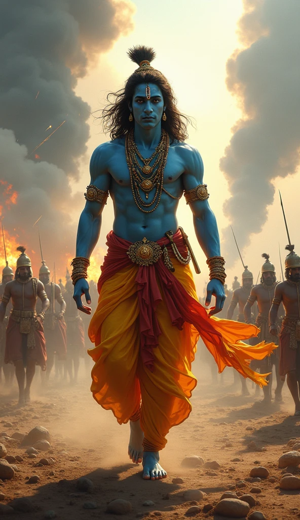 3D color image of a lord Shree Krishna in battle ground. Lord shree krishna has a powerfull body. image should be in ultra HD.