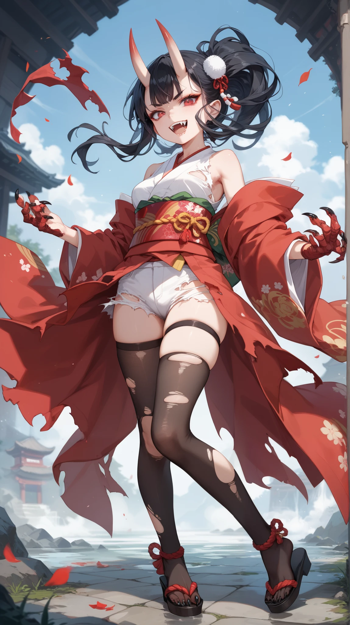 Draw a full body. A terrifying female oni with a pale face hidden by wild, black hair, featuring sharply slanted, bloodshot red eyes and a large, ripped mouth revealing sharp fangs. Long, black claws writhe, and she wears a tattered dogi with a red obi.