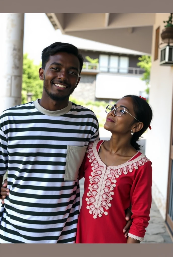 Black nigerian guy beside young indian girl, blur background portrait, dslr, close up shot, girl in red, boy in white, black boy, white girl, beautiful girl, handsome guy