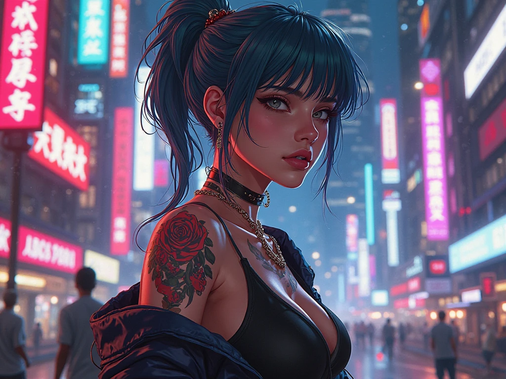 absurdres, highres, ultra detailed, (1 girl: 1.2), (((dark tanned skin: 1.4))), tan lines, (muscular: 1.4), (abs: 1.4), round ass, black necklace shoker, unity 8k wallpaper, a woman, wet, wet skin, water drops, sweat, Dynamism, cinematic shot, intricate details, (lifting jacket: 1.3), (no bra), breast squeeze, underboob, (visible skin: 1.3), sexy clothes, tease, playful expression, seductive pose, (masterpiece, ultra highres, detailed background:1.5), (intricate surroundings: 1.3), (elaborate scenery:1.3), (rich textures: 1.3), (detailed lighting: 1.2), (dramatic shadows: 1.2), (vivid color palette: 1.2), (cyberpunk background), beach, seductive pose, inviting to kiss, steam, black and blue hair, Short hair, (Spiky Pixie haircut), bright lighting, blue and purple lightings