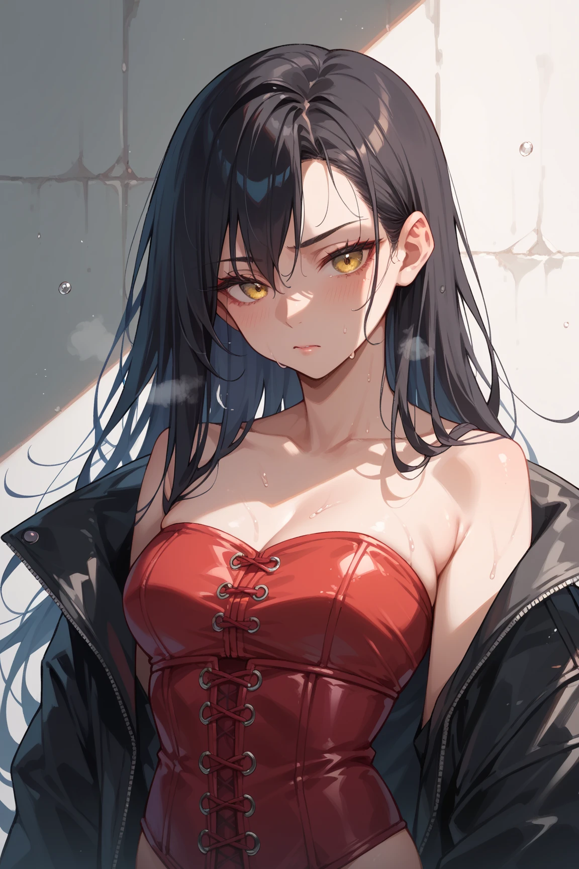 demon queen, masterpiece, best quality, super detailed, illustration, super detailed face, best face, evil, 20 years old, girl, 1girl, big breasts, bare shoulders, hell, killer, seduction bra, abs through clothing, necklace, tear moles at the corners of the eyes, no humans, long black hair, black and red armor, skull decoration leather belt, cape, intricate details