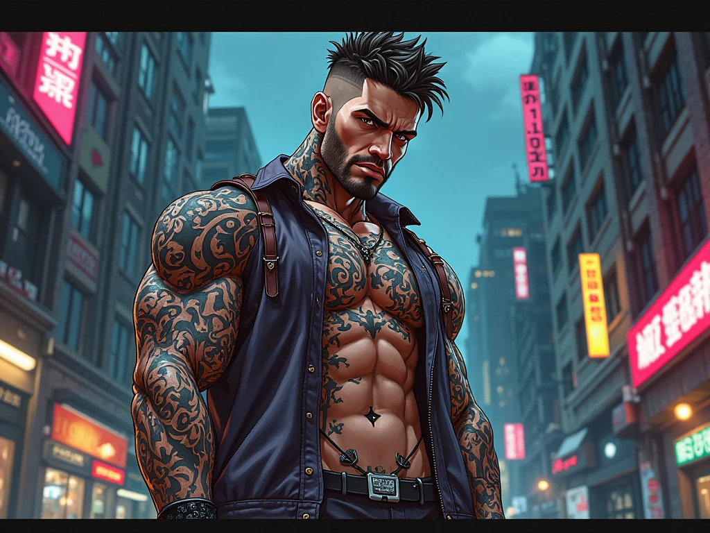 los letes de satoru goyo. hombre delgado, barba perfectamente recortada, pelo largo en corte ninja con trenzas , black hair color at the roots. con tatuajes en los 2 hombros pecho y pierna derecha, ropa estilo urbano playera en color blanca y una negra arriba de la blanca, ecko black denim pants, botas timberland en color crema, 1.65 estatura. (rapper) (urbano style) (animated) ((style anime)) graffiti spirit secret art death painting 30% de cibor futurista, humano ft robot futurista, hero soldier, hombre rapero ninja futurista.(((HD, 4K, REAL))) (8K) ULTRA DEFINIDO. magia mistica (cuerpo completo)full body skinny spirit of fire. qui azul, de pie cuerpo de pie.