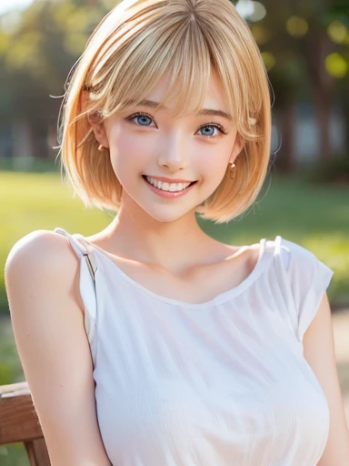 (((Top image quality、8K、1人の女性)))、(Beautuful Women、Beautie、kawaii、ren、japanes、The face is orderly、Breasts are big、Colossal tits)、((It looks like you're taking a selfie from above with your arm outstretched with your smartphone))、夏天、Sunnyday、Alone、Laughing、Wearing a short-sleeved T-shirt、Solo、Navel out、white  hair