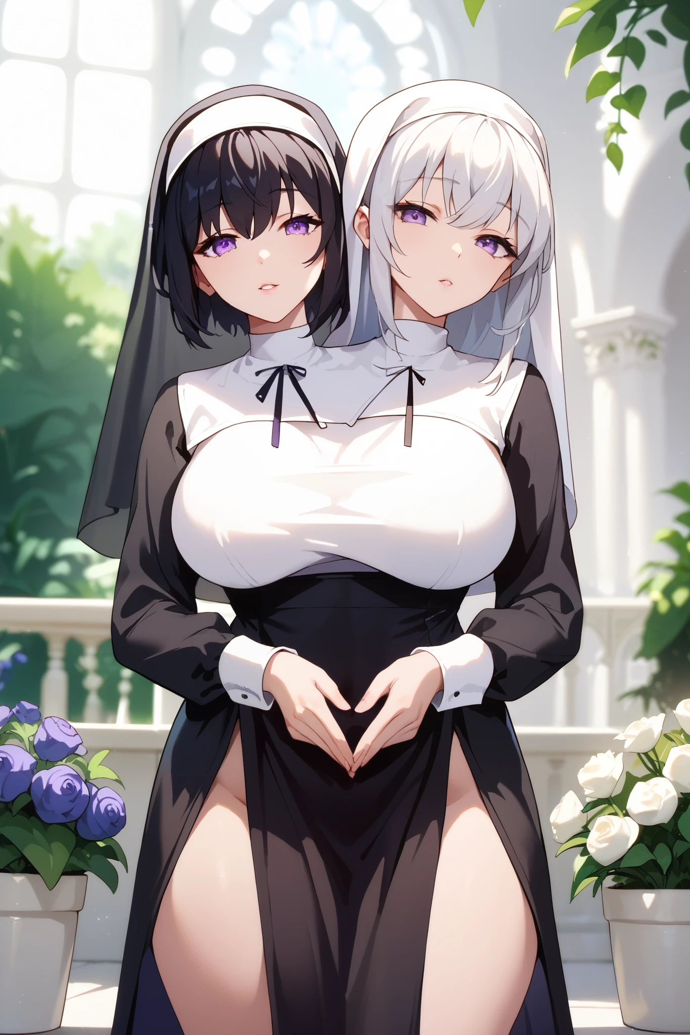 conjoined, 2girls, 2heads, two heads, a tall thin girls with 2 heads, white hair, black hair, purple eyes, large breasts, front shots, white nun clothes, pelvic curtain, black dress, long sleeves, garden, black veil,