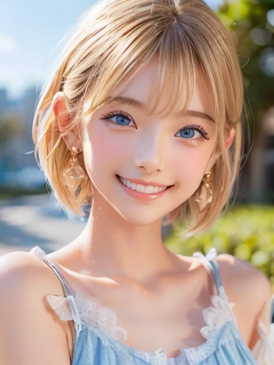 1girl, 14 years old, Famous idol, 1cute girl, very young face, detailed face, cute face, master piece , best quality , woman , bowler hat , bangs , smile , outdoor, Shiny platinum blonde silky super short hair, side locks, beautiful shiny bangs, big clear sky blue eyes, very beautiful light eye highlights, earrings, ((full nude1.8)),