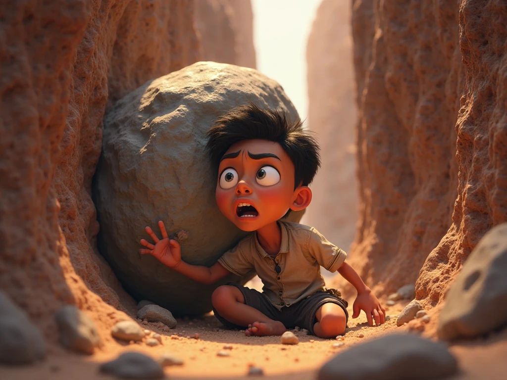 A child trying to move a big rock which is 10 times bigger than his size 